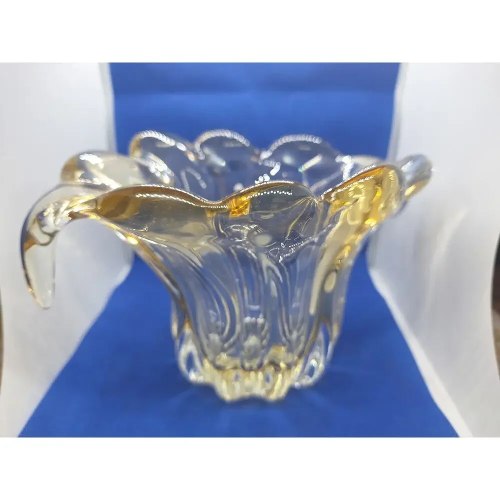 Art Glass Lope-Eared Clear Yellow Glass Vase By Teleflora- Excellent Vintage